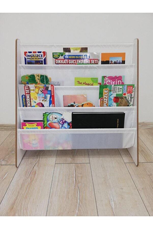 ATA HOME Montessori Ana Sınıfı Kreş Okul Çocuk Odası Kitaplığı Ahşap Kumaş Kitaplık Yıkanabilir Kumaş Beyaz