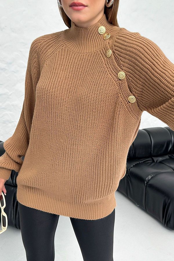 Know-Nerzpullover für Damen mit hohem Kragen und Knopfdetails 1