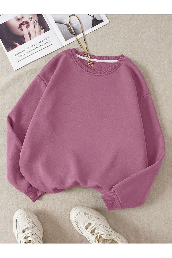 Know Women s 3 Thread Lilac Purple Plain Crew Neck Sweatshirt Trendyol