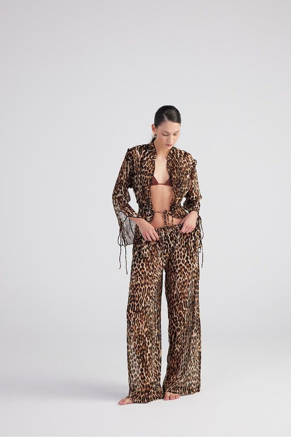 HOLLY LOLLY-Brown Colored Chiffon Savage - Leopard Print Trousers with Elastic Waist 1