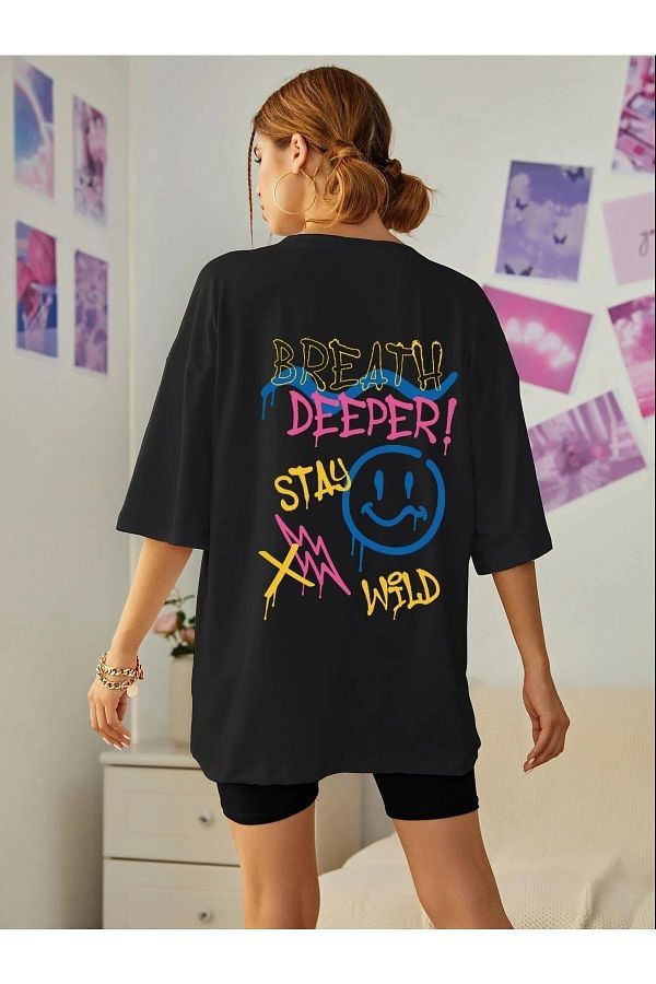 Trendseninle Women s Black Breath Deeper Printed Oversize T Shirt Trendyol