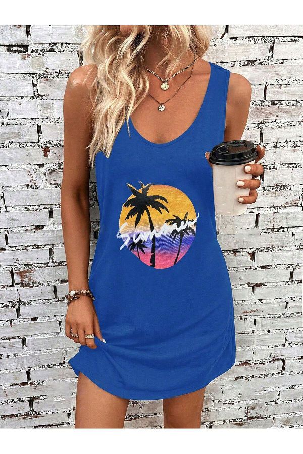 Trendseninle Women s Indigo Blue Summer Printed Strappy T Shirt Dress Trendyol