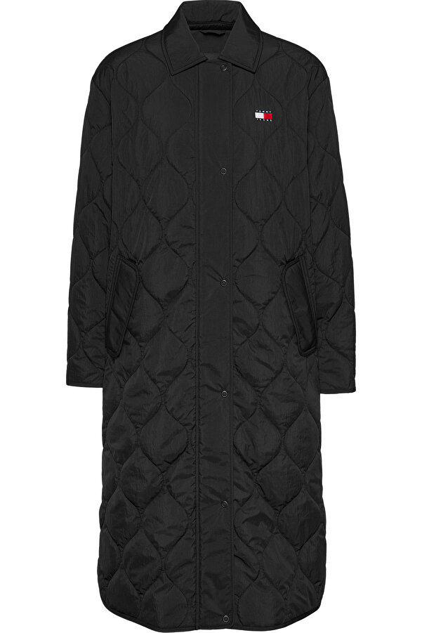 Tommy Hilfiger Black Long Coat Brand Logo, Stitching and Snap, Front