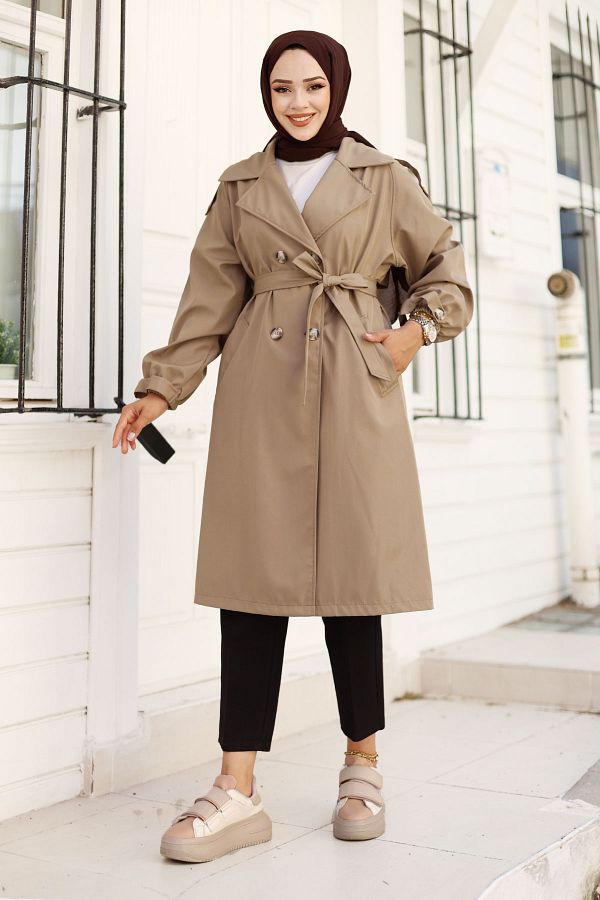 Tesettur Dunyas Mink Trench Coat Tsd with Shoulder Epaulet and Waist Belt Detail 240810 Trendyol