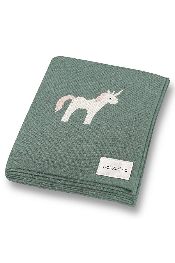 Battani.Co Kız Ve Erkek Bebek Için Triko Örgü Bebek Battaniyesi 85cm X85cm Unicorn Yeşil