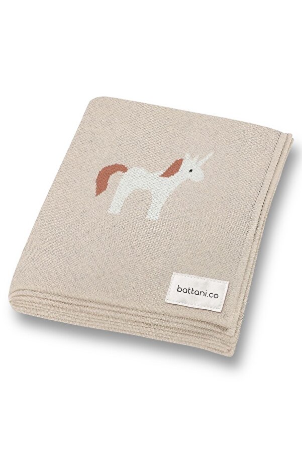 Battani.Co Kız Ve Erkek Bebek Için Triko Örgü Bebek Battaniyesi 85cm X85cm Unicorn Bej