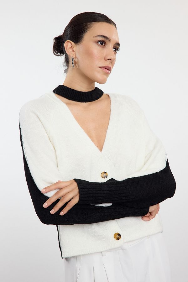 Trendyol Collection-Soft Textured Ecru Knitwear Cardigan - Color Block, TWOAW25HI00211 1