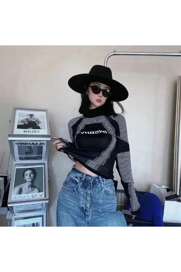 Gofeel-New Misbhv Black Grey Stripe Long Sleeve Crop Top - pre Order 1