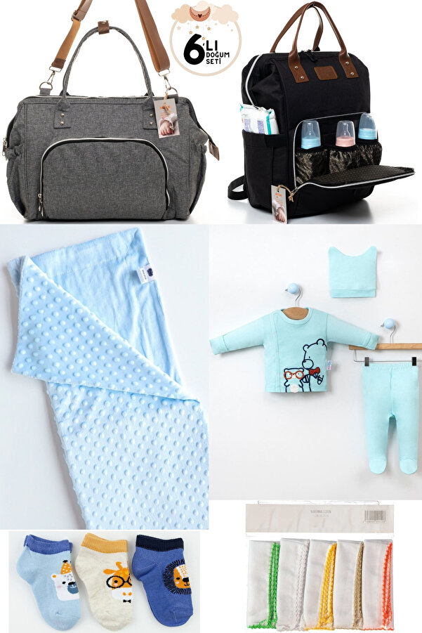 DERİNBEBE 6’lı Bebek Doğum Seti(HASTANE ÇIKIŞ,ANNE&BEBEK BAKIM OMUZ VE SIRT ÇANTASI,BATTANİYE,ÇORAP VE MENDİL)