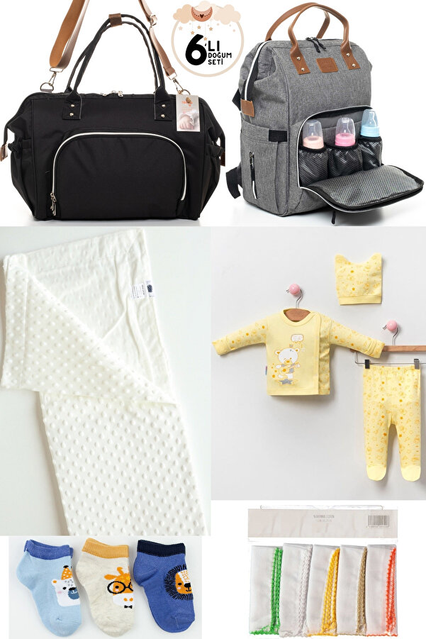 DERİNBEBE 6’LI BEBEK DOĞUM SETİ(HASTANE ÇIKIŞ,ANNE&BEBEK BAKIM OMUZ VE SIRT ÇANTASI,BATTANİYE,ÇORAP VE MENDİL)