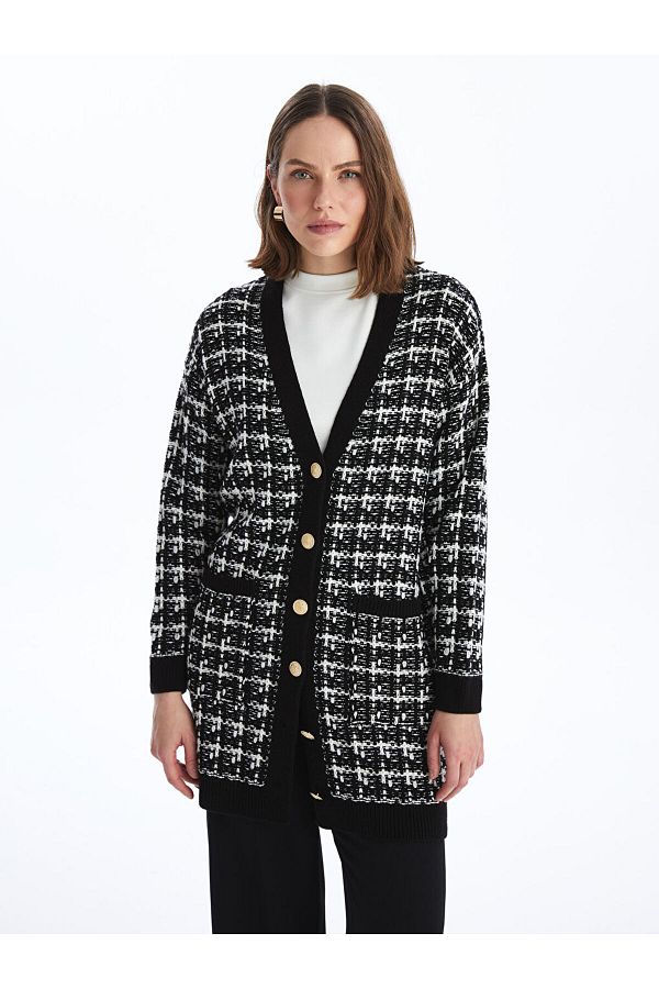 LC Waikiki Long Sleeve V Neck Plaid Women s Knitwear Cardigan Trendyol