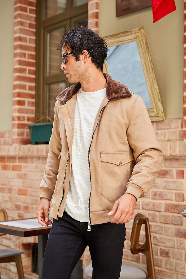 Mens suede jacket with fur collar sales