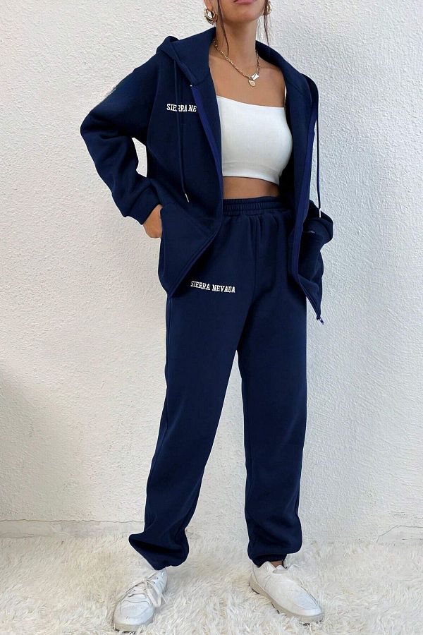 Know-Women's 3 Thread Navy Blue Sierra Printed Cardigan Jogger Oversize Tracksuit Set 1