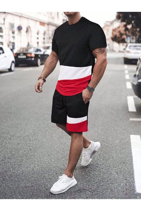 Know-Men's Black Color Block Pattern Oversize Shorts Set 1