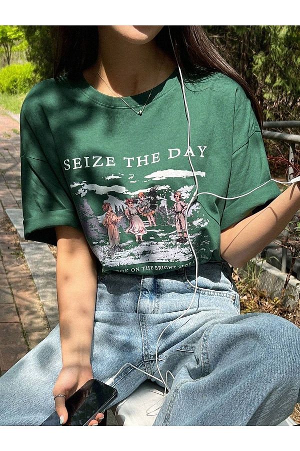 Know-Women's Navy Blue Seize The Day Printed Oversize T-shirt 1
