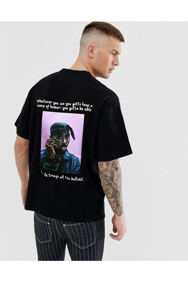 Know-Męska czarna koszulka oversize T-shirt z nadrukiem Tupaca na plecach 1