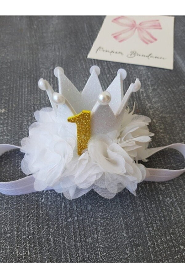 pempem bandana Kız Bebek Beyaz-gold 1 Yas Doğum Günü Taci