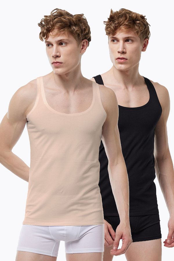 Malabadi-Invisible Undershirt Men's 2 Pieces Black Skin Color Thin Strap Non-Marking Modal Undershirt 013 1