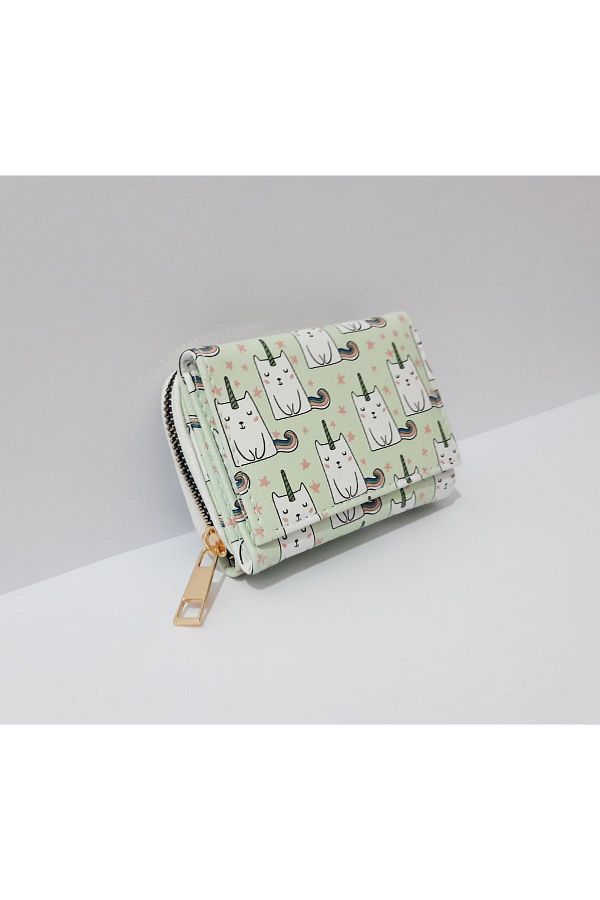 renkli çiçekler-Light Green Cat Patterned 11x8 CM Children's Wallet 1