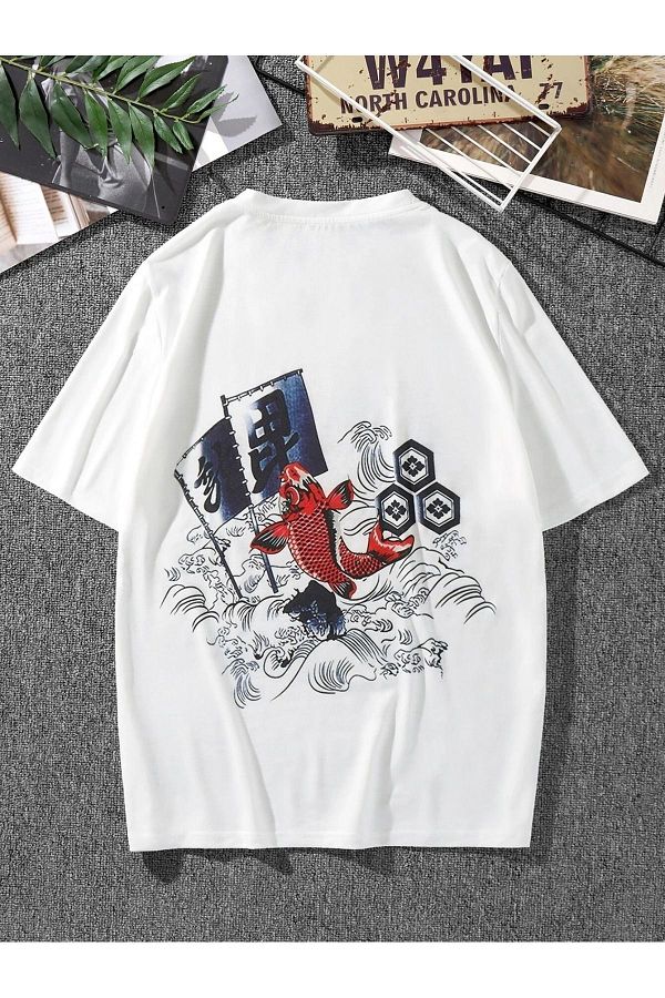 Trendseninle-Men's White T-shirt Goldfish Back Printed Oversize T-Shirt 1