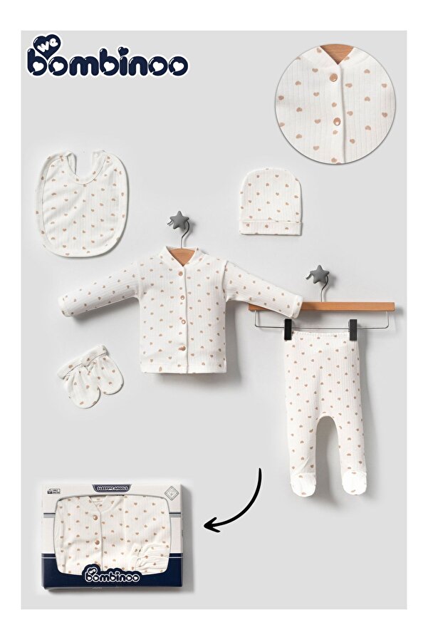 webombinoo 5 Parça Yeni Doğan Zıbın Set Hastane Cıkışı Fitilli Ekru Kumaşa kahve Kalpli Kutulu