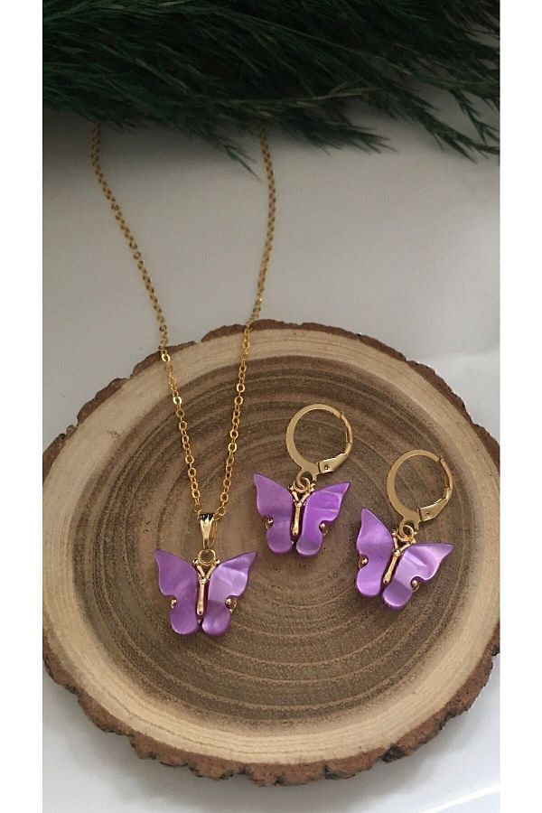 Gizemli Aksesuar Children Lilac Butterfly Necklace Earring Set