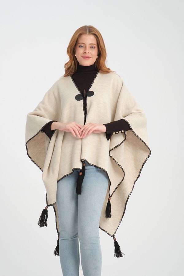 VEGA MODA-Stylish Designed Plain Knitwear Poncho - Button Detailed, Patterned and Interlock 1