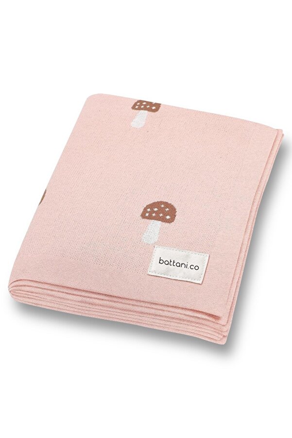 Battani.Co Kız Ve Erkek Bebek Için Triko Örgü Bebek Battaniyesi 85cm X85cm Minik Mantarlar Pembe