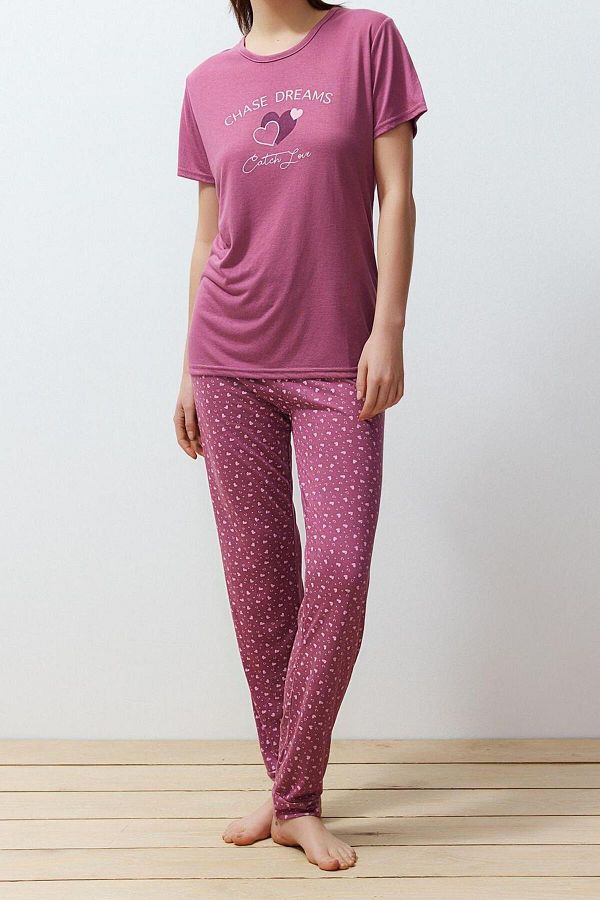 FRM Polyester Women s Knitted Pajamas Set Crew Neck Short Sleeve Heart Trendyol