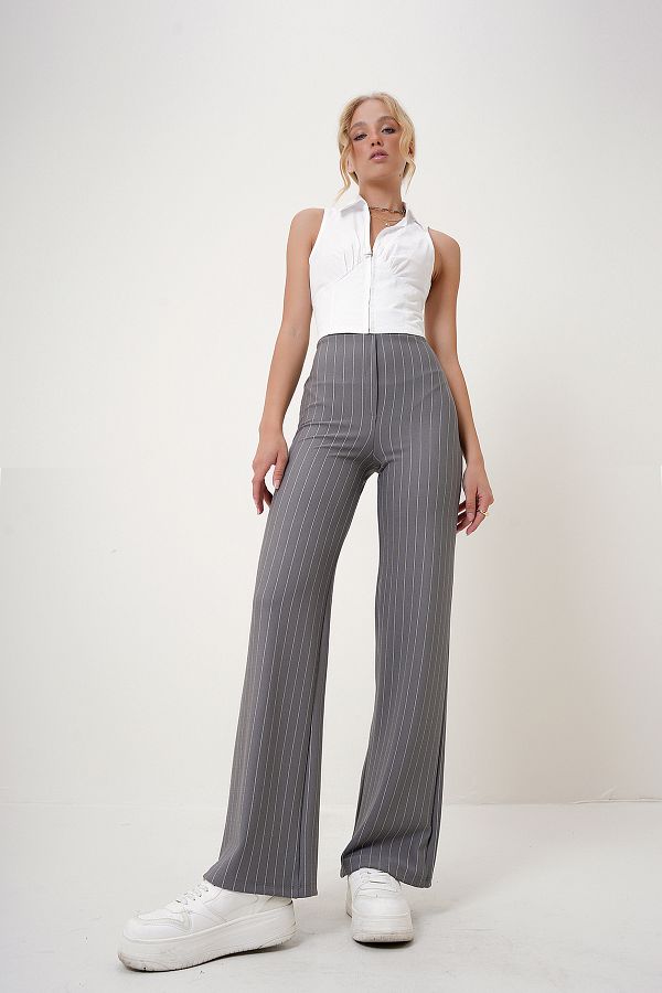 Trend Alaçatı Stili-Gray Striped Elastic Waist Women's Trousers - Wide Leg ALC-X12522 1