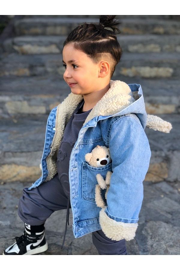 DUDOR K DS Cute Teddy Bear Hooded Thick Denim Coat 1 Size Larger Should Be Preferred Trendyol