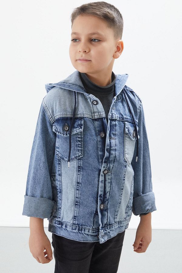 Cans n Mini Blue Hooded Garnished Boy s Jean Jacket 17711 Trendyol