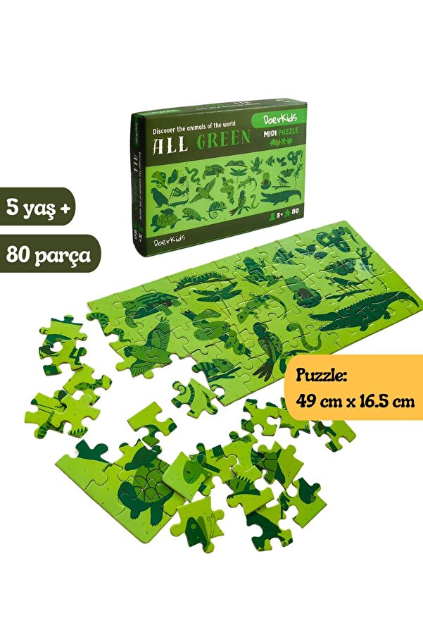DoerKids All Green-Yeşil Hayvanlar Eğitici-Öğretici Midi Puzzle | 4-9 Yaş 80 Parça