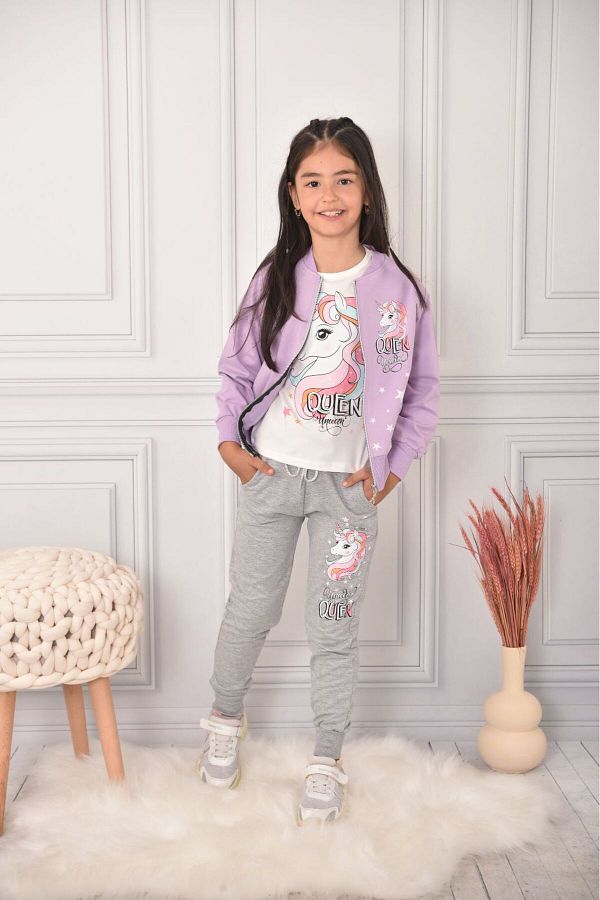 PICCALİLLY-3-teiliges Set aus Strickjacke, Sweatshirt und Strumpfhose aus gekämmter Baumwolle mit Einhorn-Muster für Mädchen 1