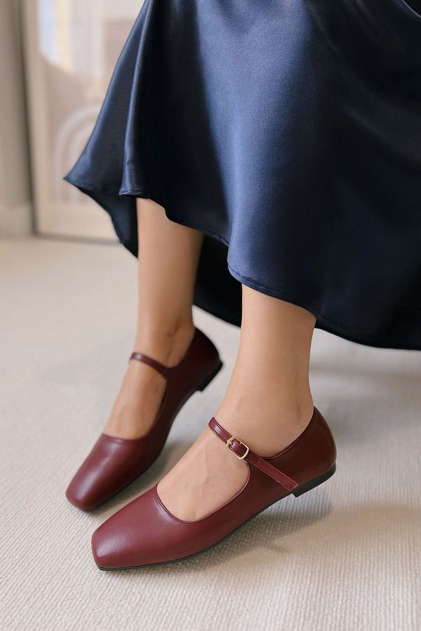 POLKA STORE Petite Burgundy Matte Closed Back Single Strap Square Toe Helmet Women s Ballerina Shoes Cherry Red Mary Jane Trendyol