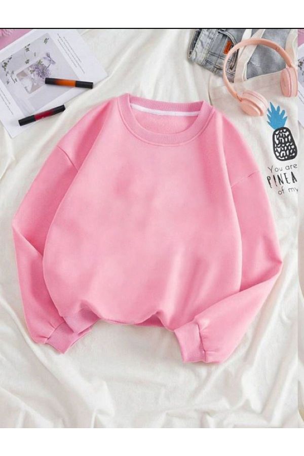 Know Women s 3 Thread Pink Plain Crew Neck Sweatshirt Trendyol