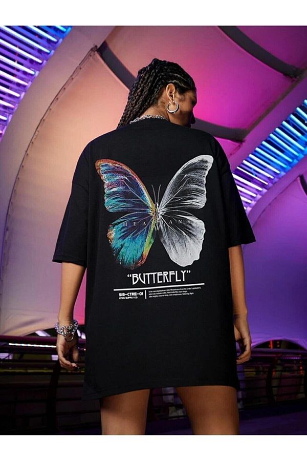Know-Dámské oversize tričko Black Butterfly s předním a zadním potiskem 1