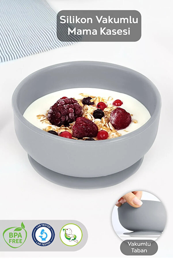 Meleni Baby Vakumlu Silikon Bebek Mama Kasesi - Silikon Vakum Tabanlı Kase - Gri