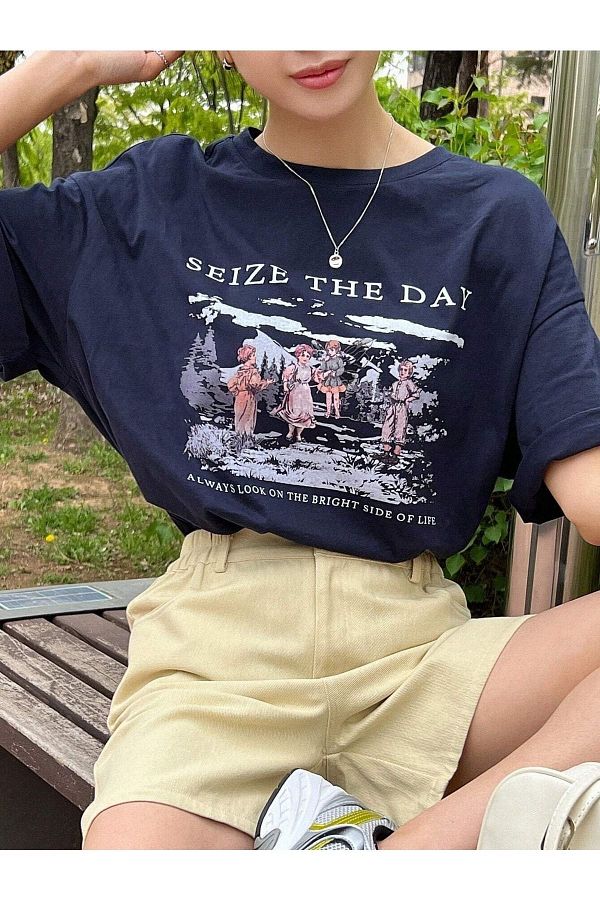 Trendseninle-Women's Navy Blue Seize The Day Printed Oversize T-shirt 1