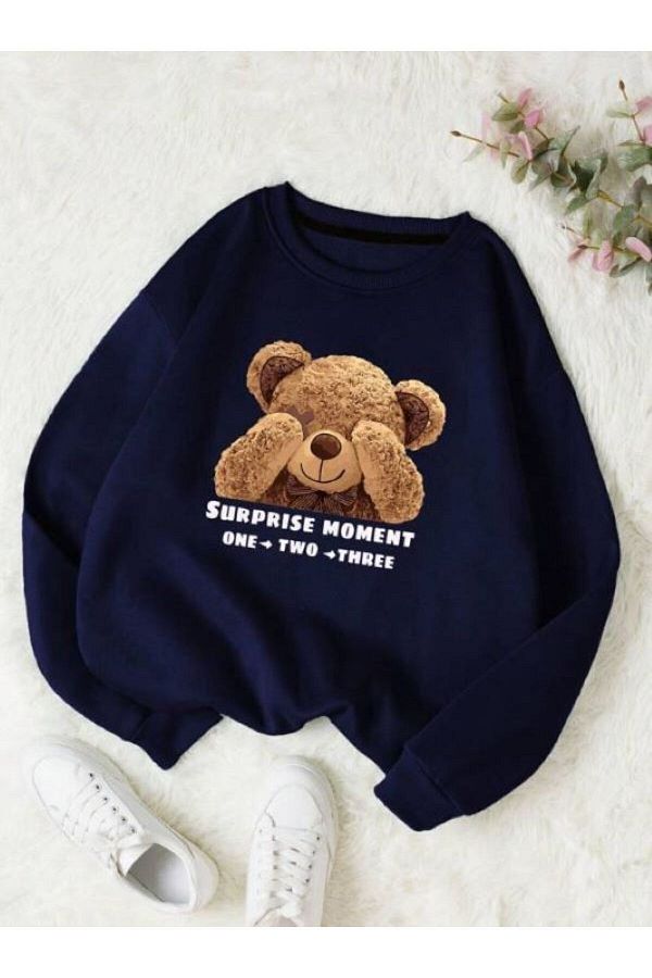 Trendseninle Women s Navy Blue Teddy Bear Printed Crew Neck Sweatshirt Trendyol