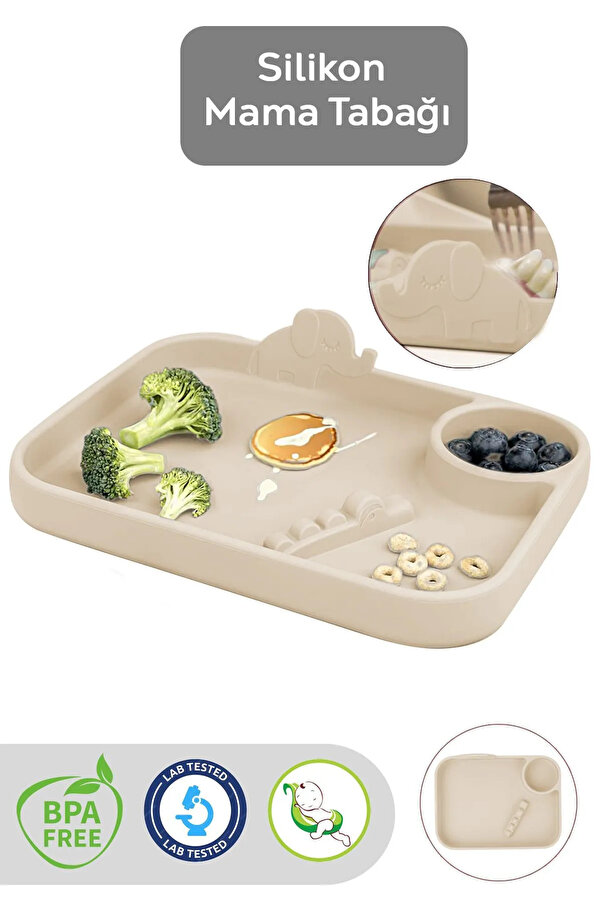 Meleni Baby Silikon 3 Bölmeli Bebek Beslenme Tabağı - Silikon Tabak - Silikon Beslenme Aksesuarı - Bej
