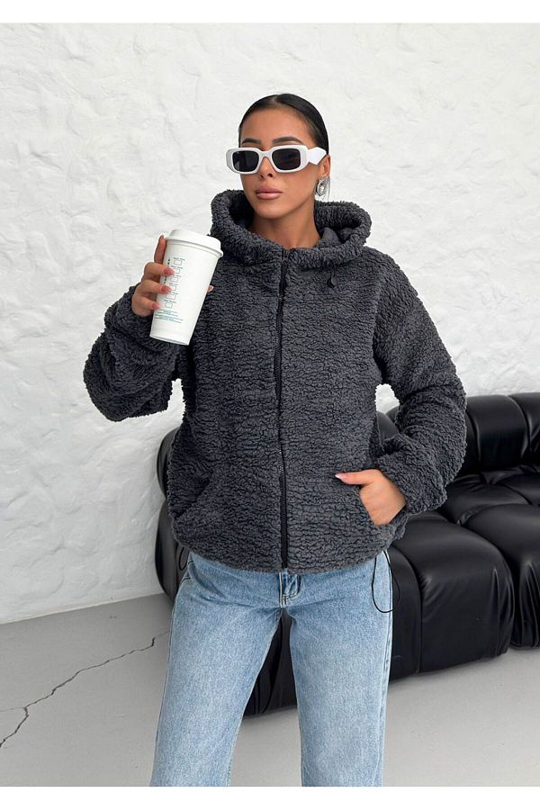 Trendseninle Smoked Women s Oversize Plush Hooded Cardigan Trendyol