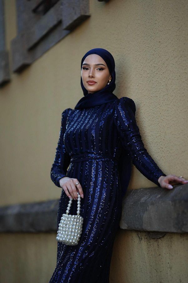BAHARYAMACLI Women s Maren Navy Blue Stripe Sequin Waist Belted Hijab Evening Dress Trendyol