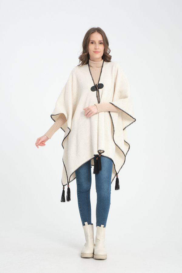 VEGA MODA-Stylish Designed Plain Knitwear Poncho - Patternless Shawl Poncho with Button Detail 1