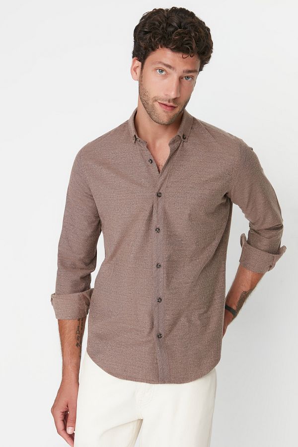 Trendyol Collection-Zimowa koszula w kolorze camelowym slim fit z kołnierzykiem na guziki TMNAW20GO0094 1