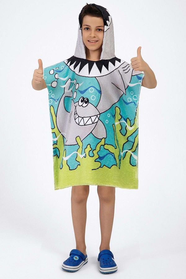 VEVİEN HOME-Shark Patterned Poncho Beach Towel for Kids 1