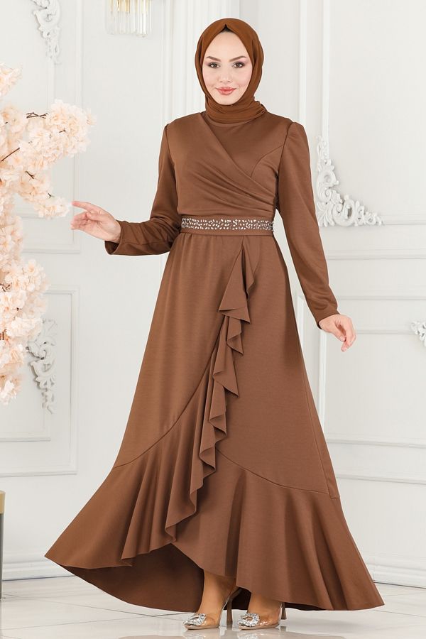Modaselvim Hijab Evening Dress with Flounced Skirt Asm2497 Tan Trendyol