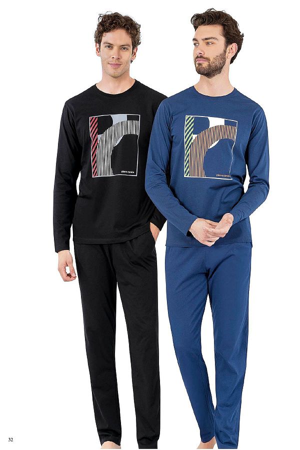 Pierre Cardin 6060 Men s Crew Neck Long Sleeve Pajama Set Indigo Trendyol