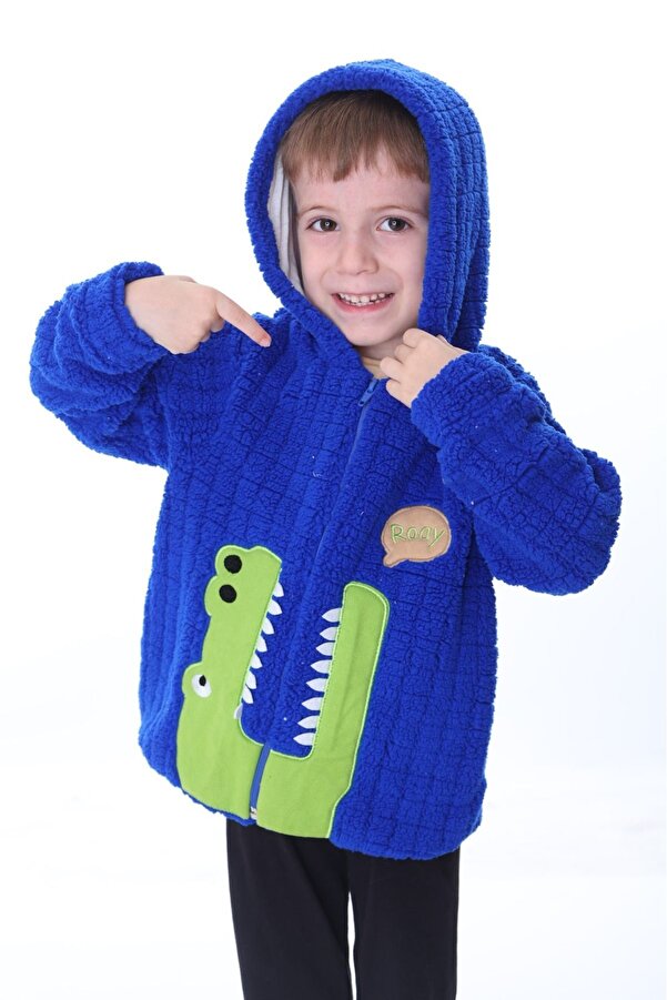 aden kids 1-5 Yaş Sax Mavisi Peluş Desenli Çocuk Hırka - Kareli, Fermuarlı Ve Iç Astarlı