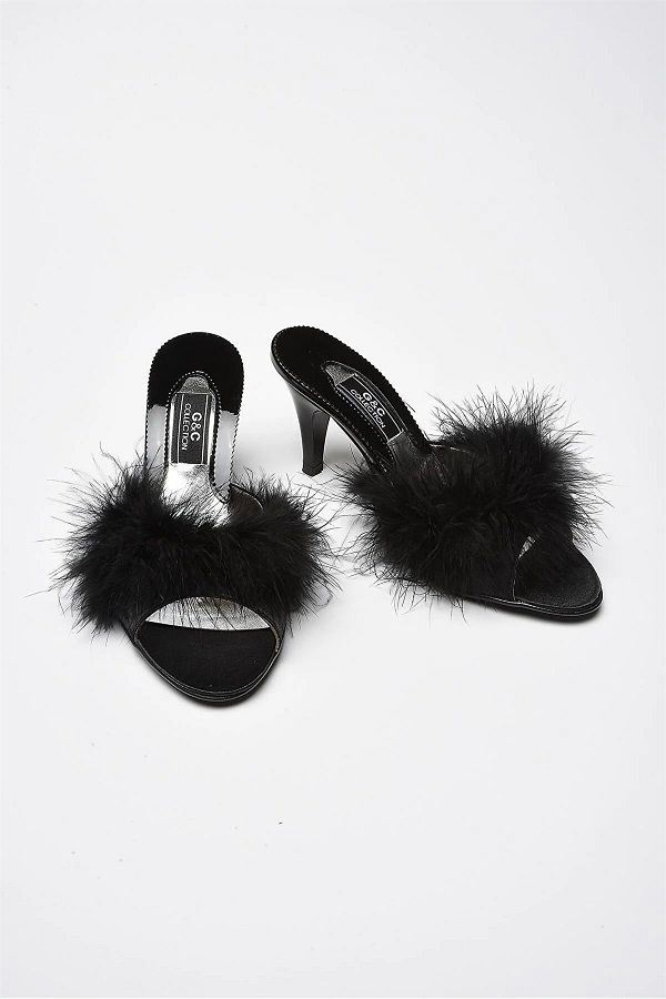 GC Slippers 155 Women s Furry Front Heeled House Slippers black Trendyol